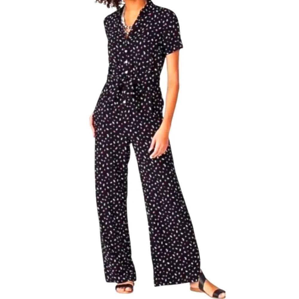 J.Jill Black Floral Design Wide Leg Boho Buttons Pockets Jumpsuit Contemporary